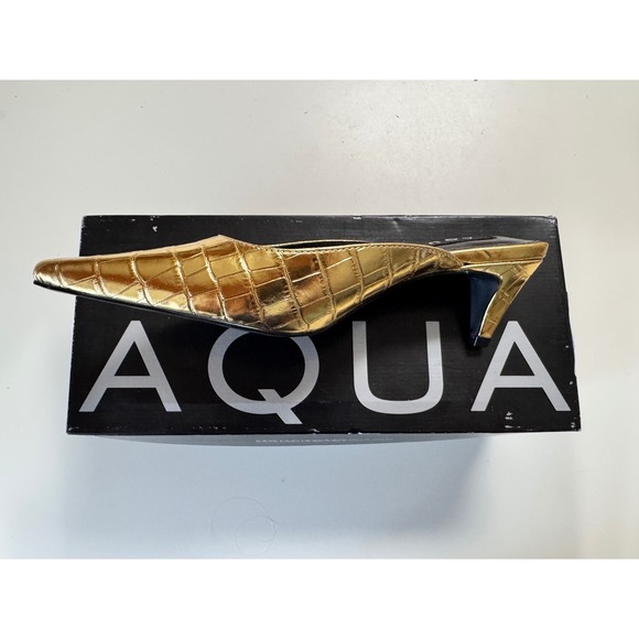 AQUA Women Gold Croc Embossed Pointed Toe Kitten Heel Mules Size 6 - Picture 5 of 7